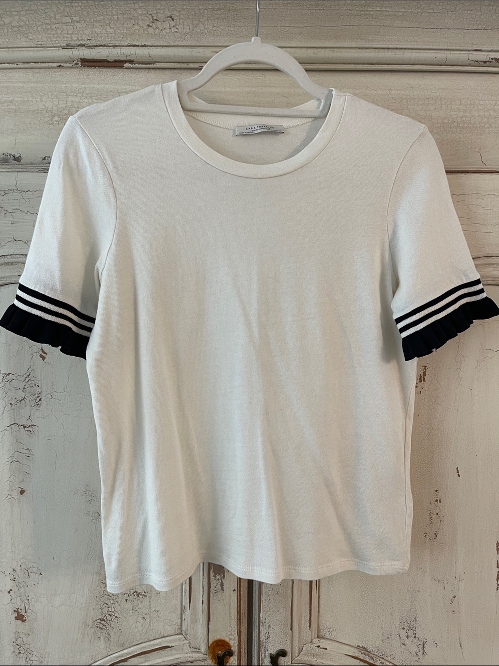 Zara Cream Short Sleeve Tee with Black Stripe Ruffle Cuffs